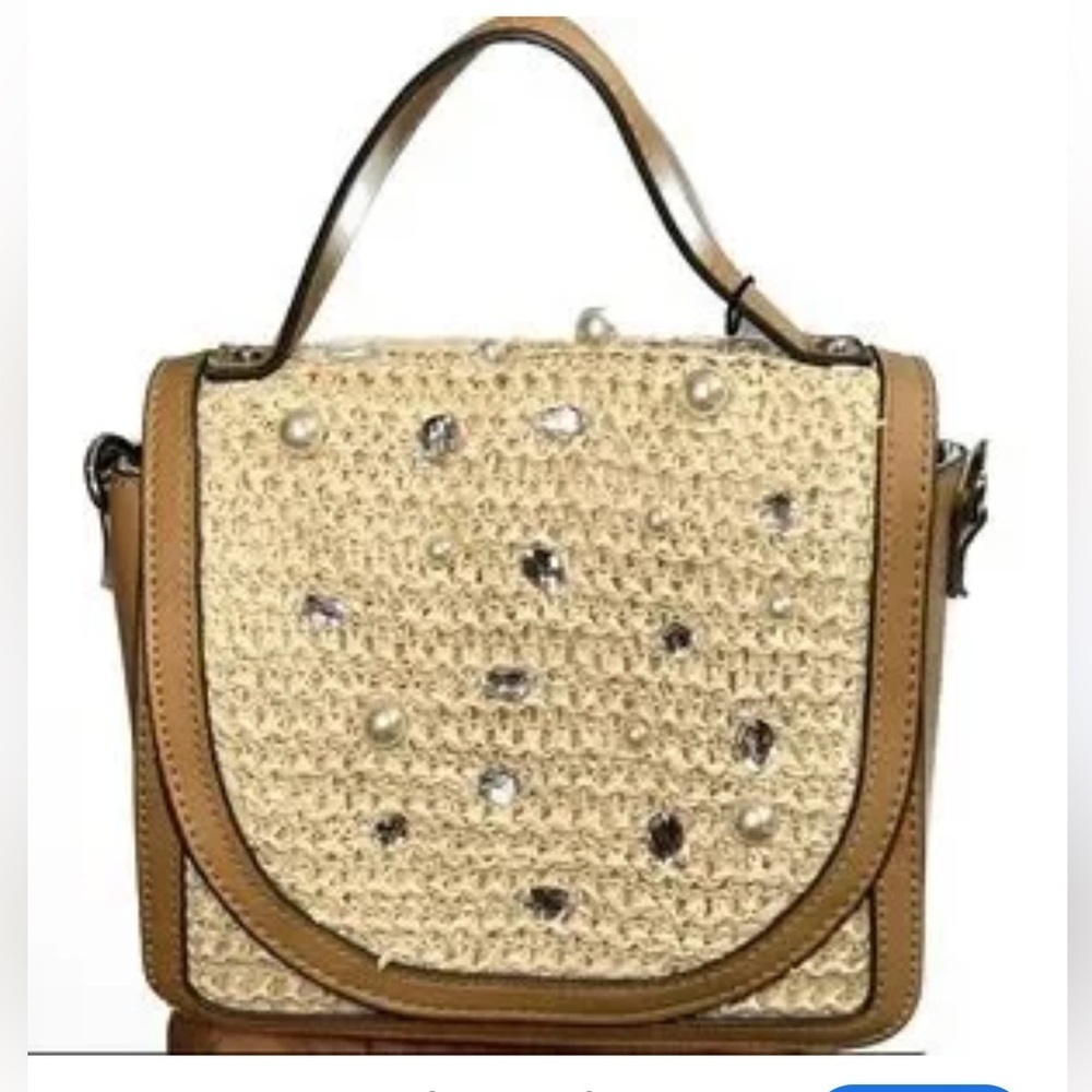 🤎STEVE MADDEN Elegant Saddle Bmelodie-Straw Pearl-Embellished Handbag🤎NWT